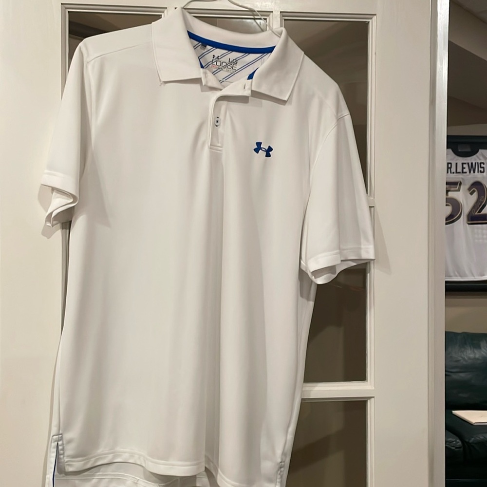 Under Armour white polo, loose fit, size large